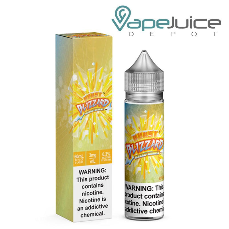 A box of Mango Ice Burst eLiquid with a warning sign and a 60ml bottle next to it - Vape Juice Depot