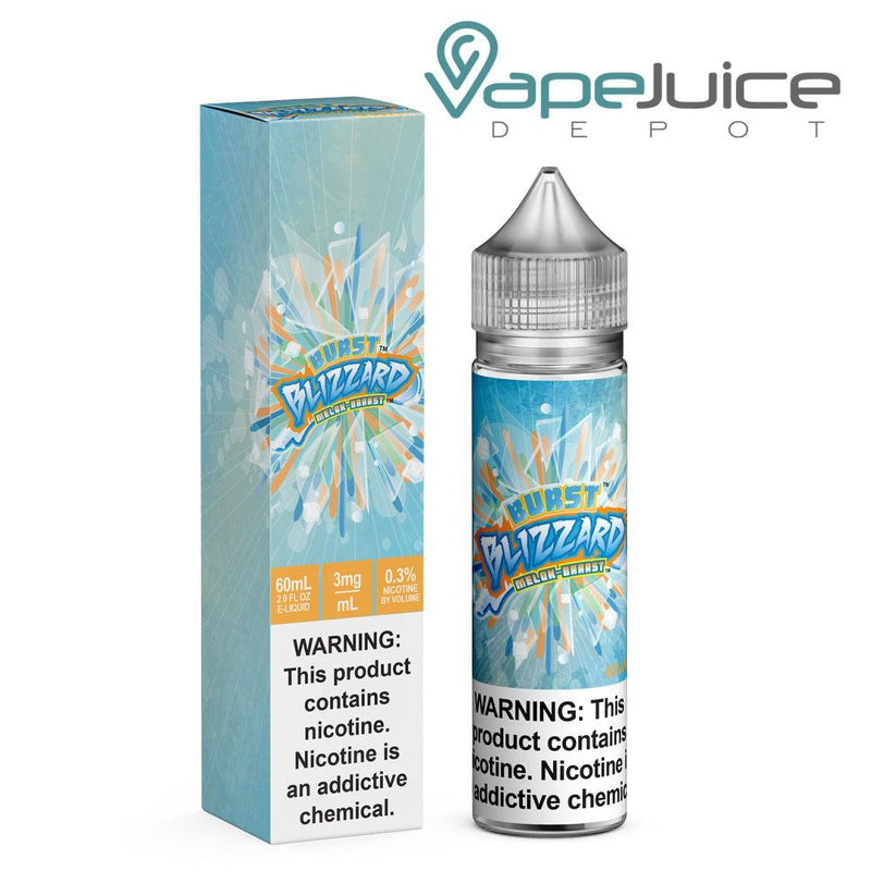 A box of Melon Ice Burst eLiquid with a warning sign and a 60ml bottle next to it - Vape Juice Depot