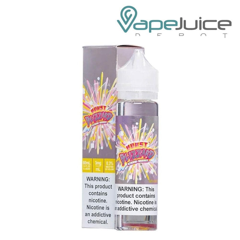 A box of Strawberry Ice Burst eLiquid with a warning sign and a 60ml bottle next to it - Vape Juice Depot