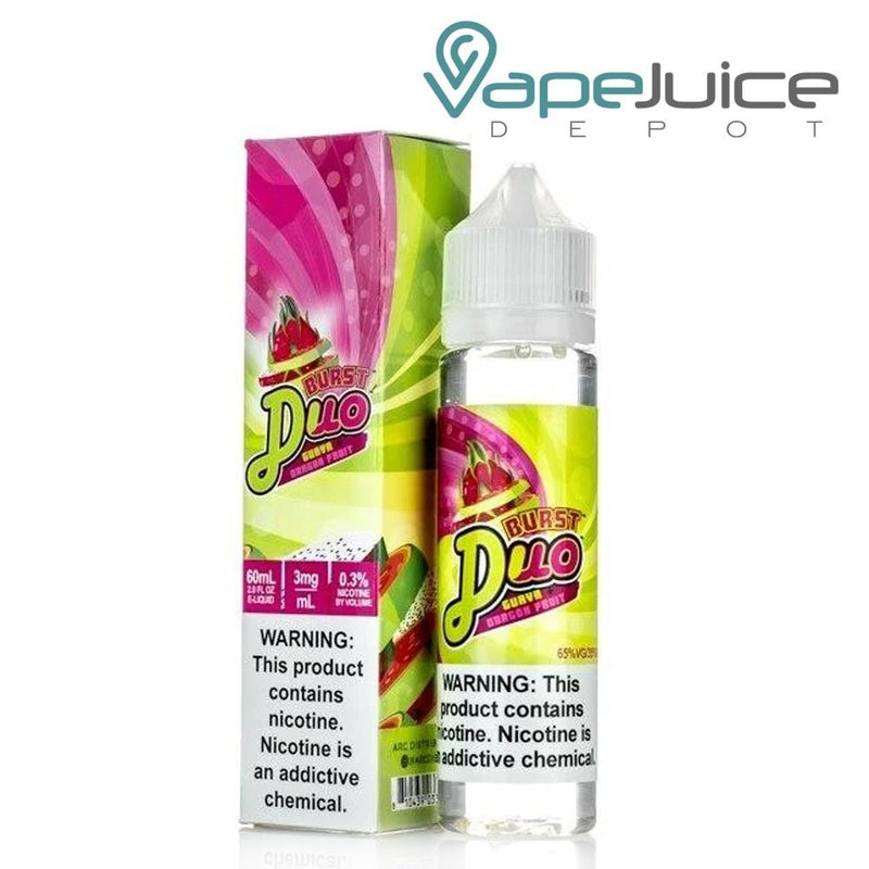 A box of Guava Dragon Fruit Burst Duo eLiquid with a warning sign and a 60ml bottle next to it - Vape Juice Depot
