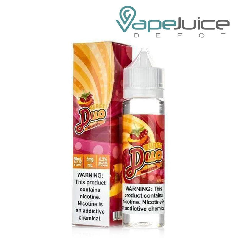 A box of Peach Raspberry Burst Duo eLiquid and a 60ml bottle with a warning sign next to it - Vape Juice Depot