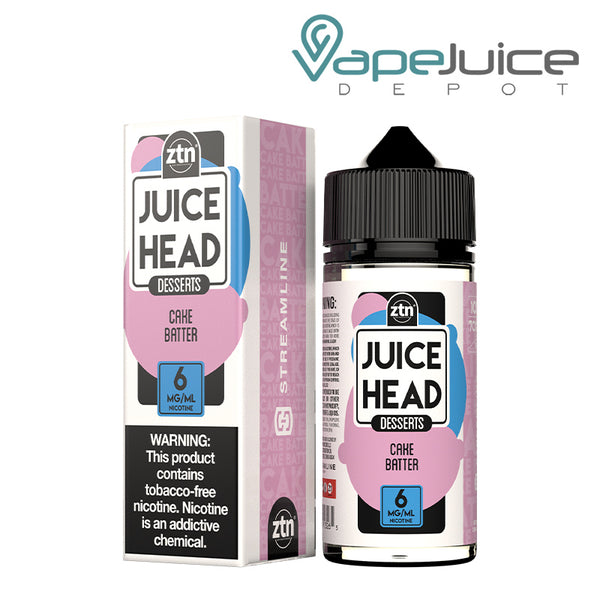 A box of Cake Batter ZTN Juice Head with a warning sign and a 100ml bottle next to it - Vape Juice Depot