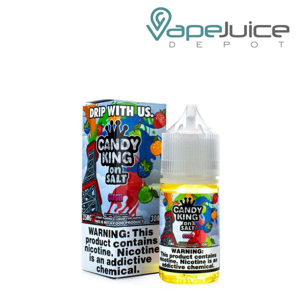 A box of Gush Candy King On Salt with a warning sign and a 30ml bottle next to it - Vape Juice Depot