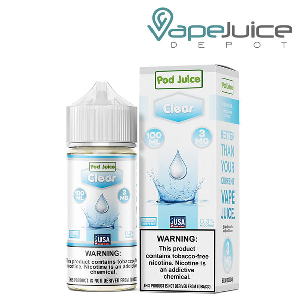 A 100ml bottle of Clear Pod Juice TFN with a warning sign and a box next to it - Vape Juice Depot