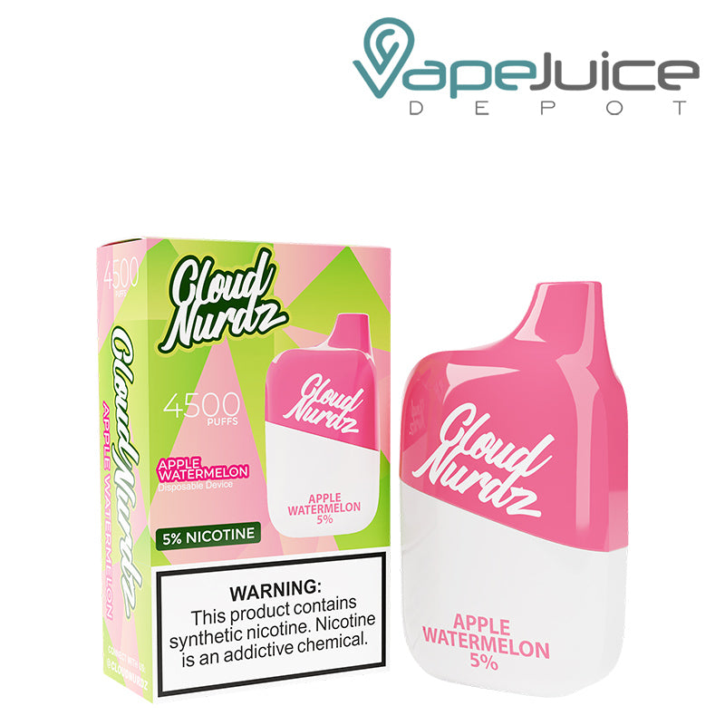 A box of Apple Watermelon Cloud Nurdz 5% 4500 Disposable Vape with a warning sign and a disposable next to it - Vape Juice Depot