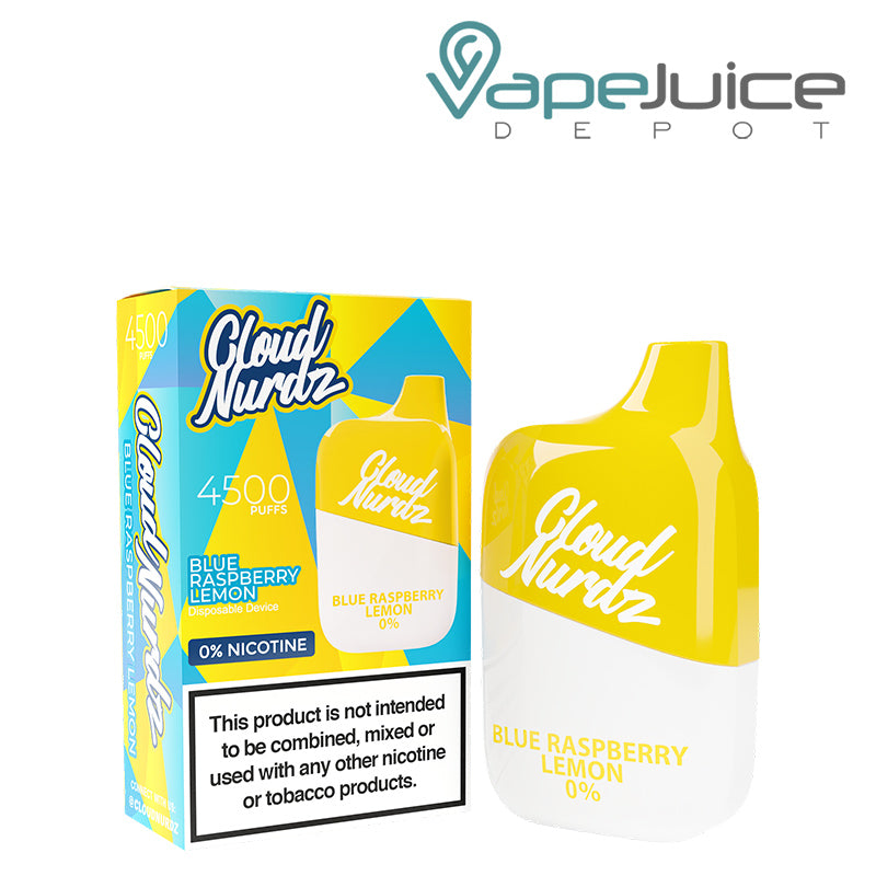 A box of Blue Raspberry Lemon Cloud Nurdz 0% 4500 Disposable Vape with a warning sign and a disposable next to it - Vape Juice Depot