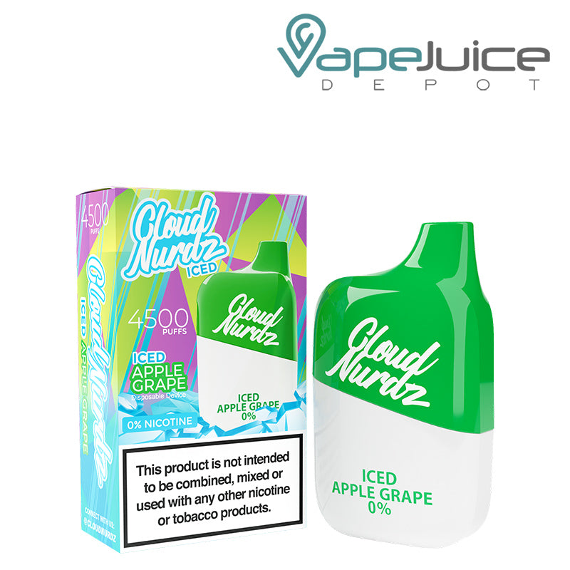 A box of Iced Apple Grape Cloud Nurdz 0% 4500 Disposable Vape with a warning sign and a disposable next to it - Vape Juice Depot