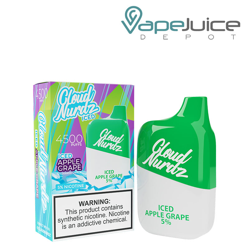 A box of Iced Apple Grape Cloud Nurdz 5% 4500 Disposable Vape with a warning sign and a disposable next to it - Vape Juice Depot