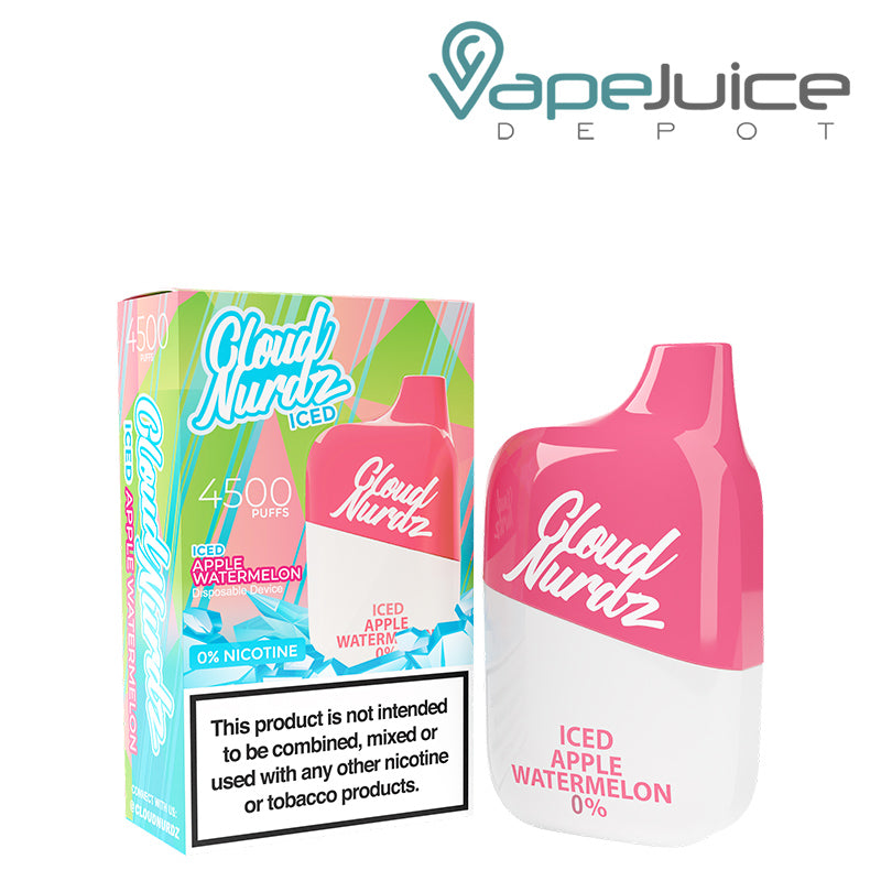 A box of Iced Apple Watermelon Cloud Nurdz 0% 4500 Disposable Vape with a warning sign and a disposable next to it - Vape Juice Depot