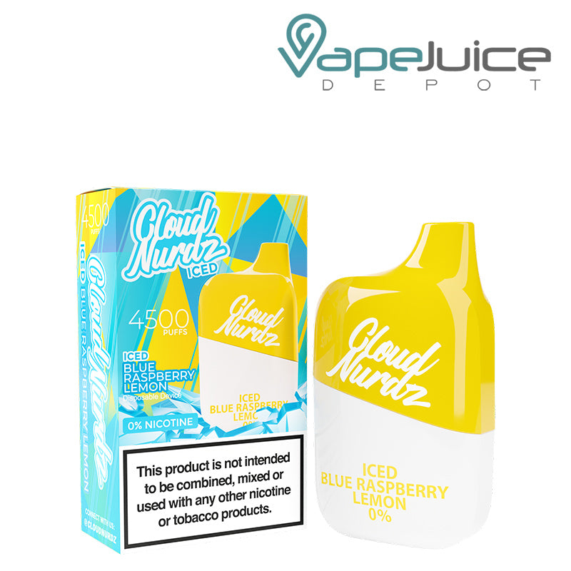 A box of Iced Blue Raspberry Lemon Cloud Nurdz 0% 4500 Disposable Vape with a warning sign and a disposable next to it - Vape Juice Depot