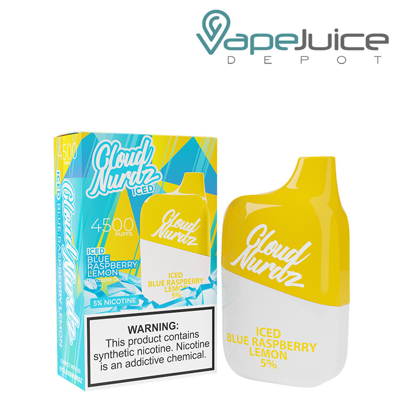 A box of Iced Blue Raspberry Lemon Cloud Nurdz 5% 4500 Disposable Vape with a warning sign and a disposable next to it - Vape Juice Depot