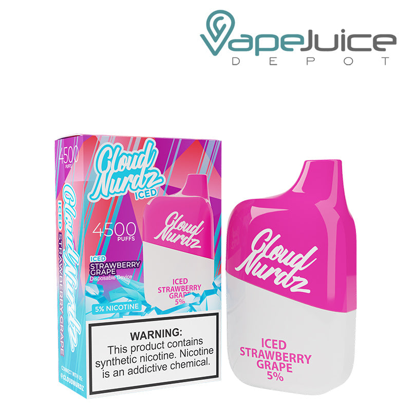 A box of Iced Strawberry Grape Cloud Nurdz 5% 4500 Disposable Vape with a warning sign and a disposable next to it - Vape Juice Depot