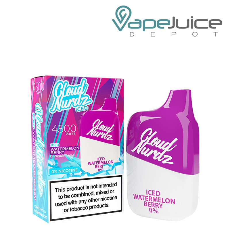 A box of Iced Watermelon Berry Cloud Nurdz 0% 4500 Disposable Vape with a warning sign and a disposable next to it - Vape Juice Depot