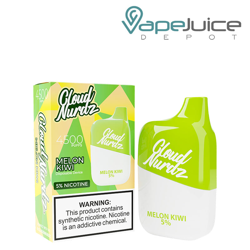 A box of Melon Kiwi Cloud Nurdz 5% 4500 Disposable Vape with a warning sign and a disposable next to it - Vape Juice Depot