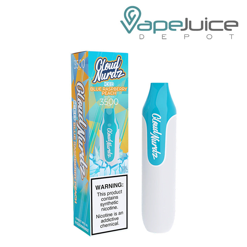 A Box of Iced Blue Raspberry Peach Cloud Nurdz 3500 Disposable with a warning sign  - Vape Juice Depot