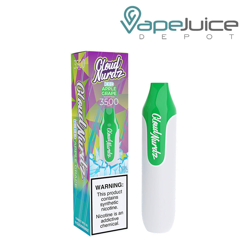 A box of Iced Apple Grape Cloud Nurdz 3500 Disposable with a warning sign  - Vape Juice Depot