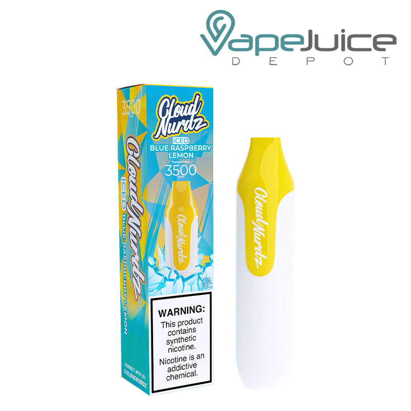 A box of Iced Blue Raspberry Lemon Cloud Nurdz 3500 Disposable with a warning sign  - Vape Juice Depot