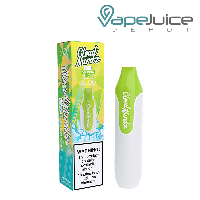 A box of Iced Melon Kiwi Cloud Nurdz 3500 Disposable with a warning sign  - Vape Juice Depot