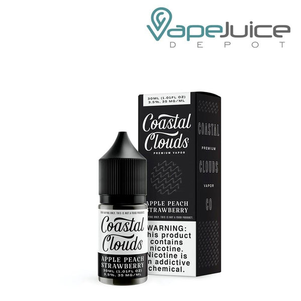 A 30ml bottle of Saltwater Apple Peach Strawberry Coastal Clouds and a box with a warning sign next to it - Vape Juice Depot