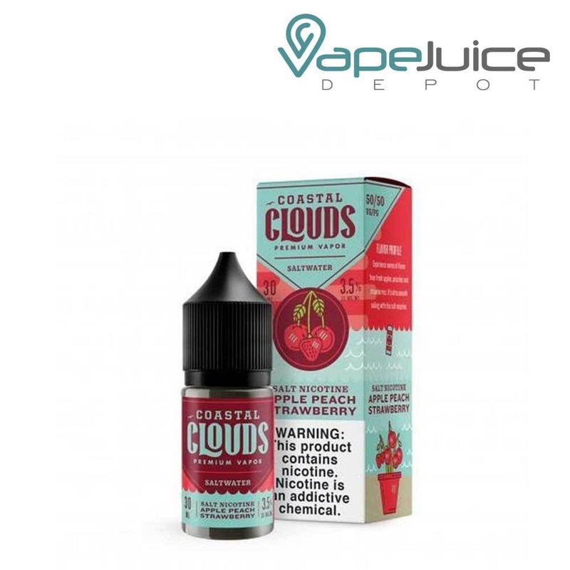 A 30ml bottle of Saltwater Apple Peach Strawberry Coastal Clouds and a box with a warning sign next to it - Vape Juice Depot