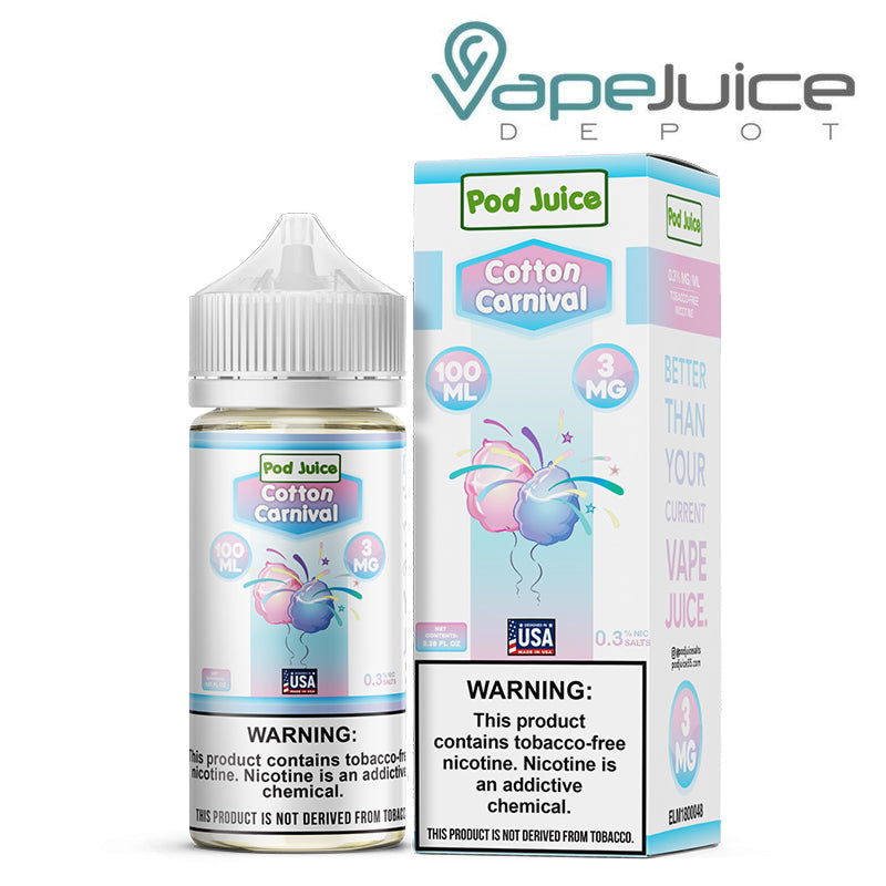 A 100ml bottle of Cotton Carnival Pod Juice TFN with a warning sign and a box next to it - Vape Juice Depot