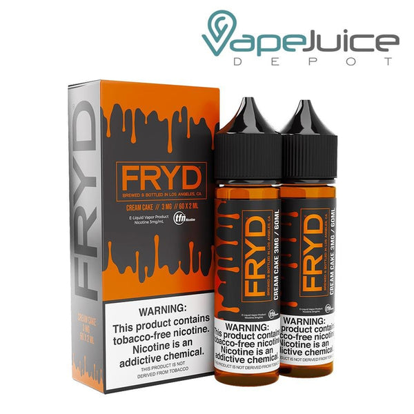 A box of Cream Cake FRYD TFN eLiquid with a warning sign and two 60ml bottles next to it - Vape Juice Depot