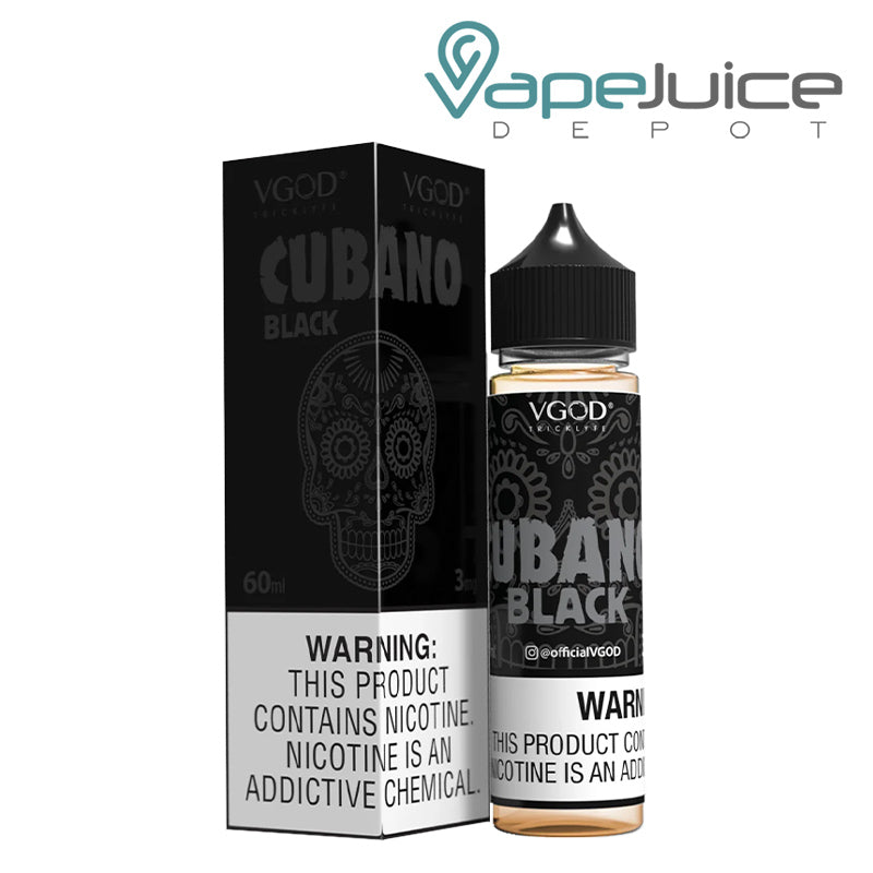 A box of Cubano Black VGOD eLiquid and a 60ml bottle with a warning sign next to it - Vape Juice Depot