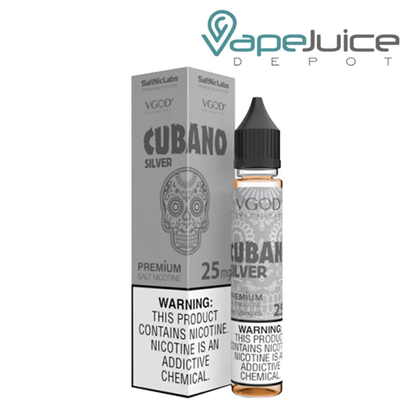 A box of Cubano Silver VGOD SaltNic with a warning sign and a 60ml bottle next to it - Vape Juice Depot