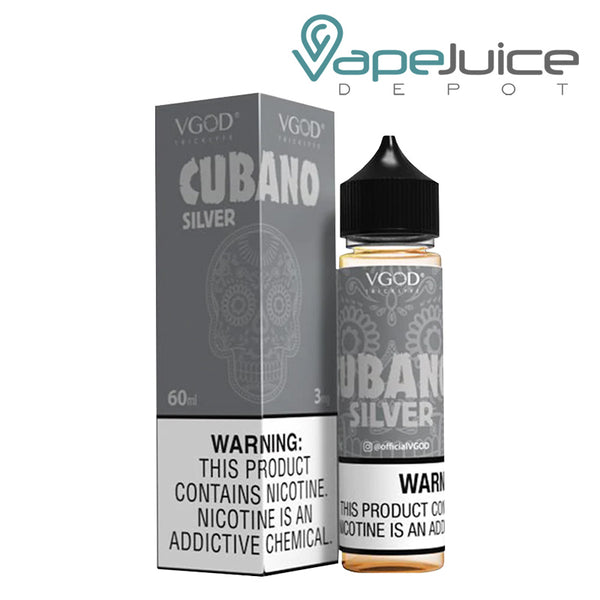 A box of Cubano Silver VGOD eLiquid with a warning sign and a 60ml bottle next to it - Vape Juice Depot