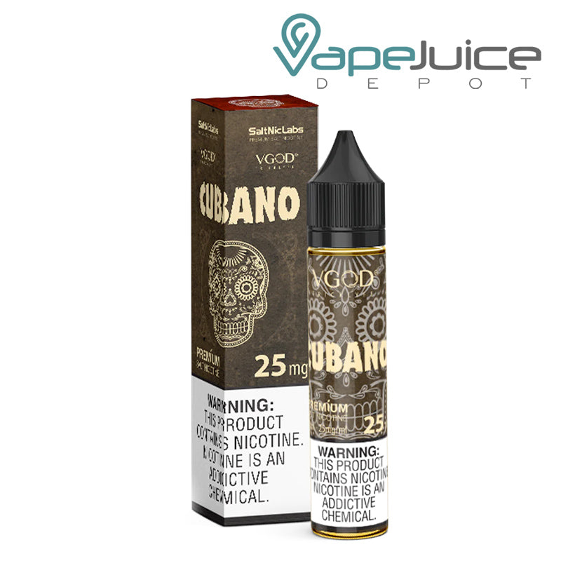A box of Cubano VGOD SaltNic with a warning sign and a 60ml bottle next to it - Vape Juice Depot