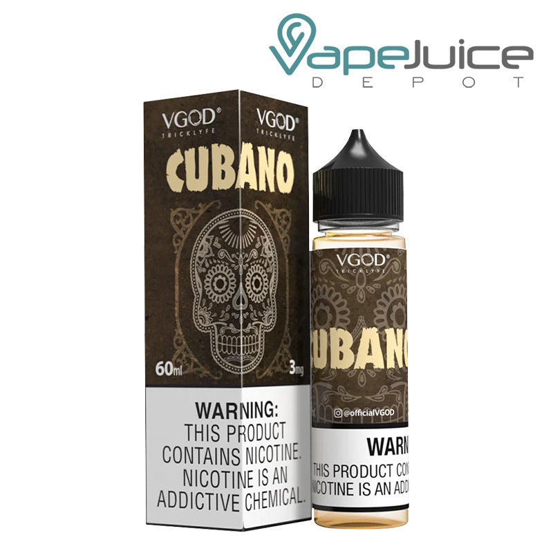 A box of Cubano VGOD eLiquid and a 60ml bottle with a warning sign next to it - Vape Juice Depot