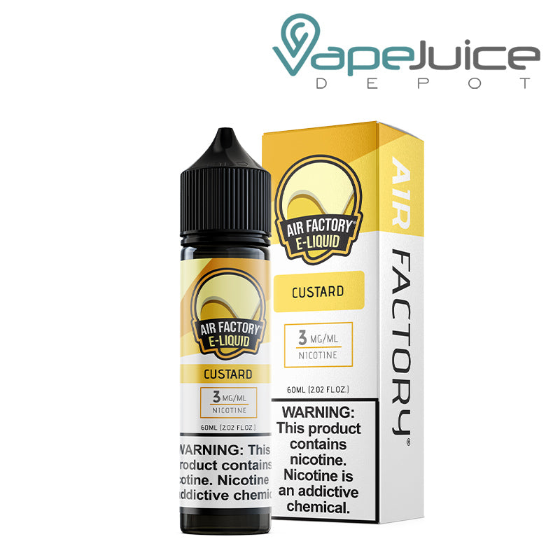 A 60ml bottle of Custard Air Factory eLiquid 3mg with a warning sign and a box next to it - Vape Juice Depot