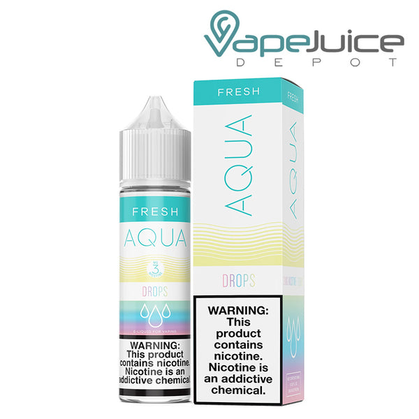 A 60ml bottle DROPS AQUA Fresh eLiquid with a warning sign and a box next to it - Vape Juice Depot