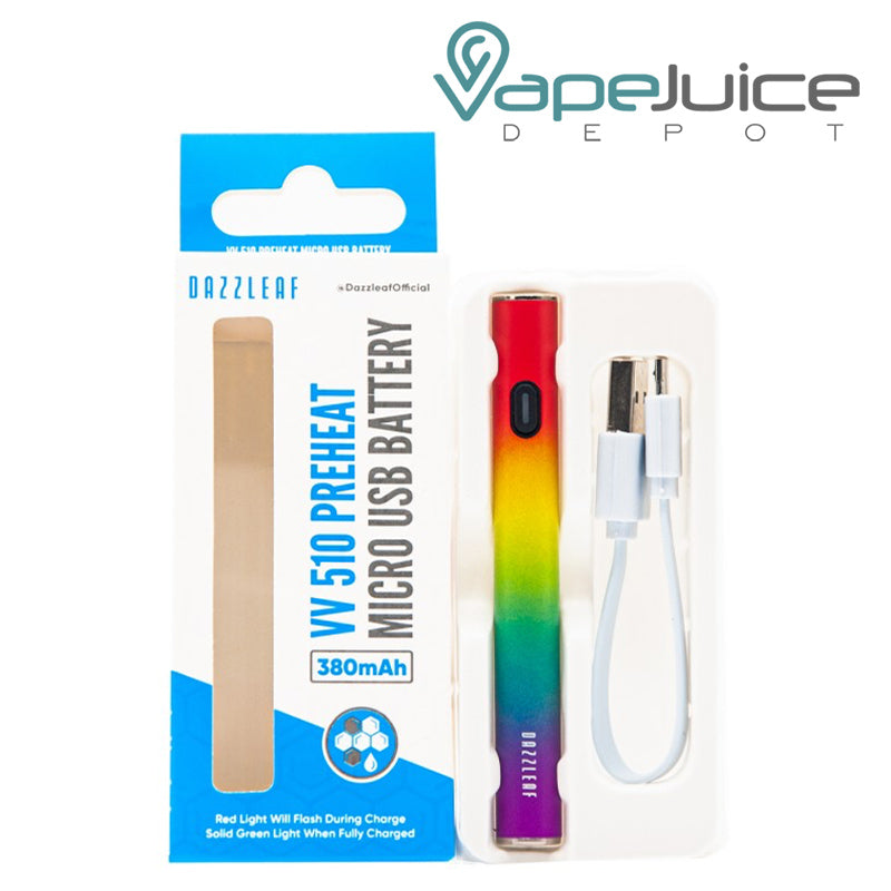 A box of DazzLeaf VV 510 Preheat Micro USB Battery with a power button, USB cable - Vape Juice Depot