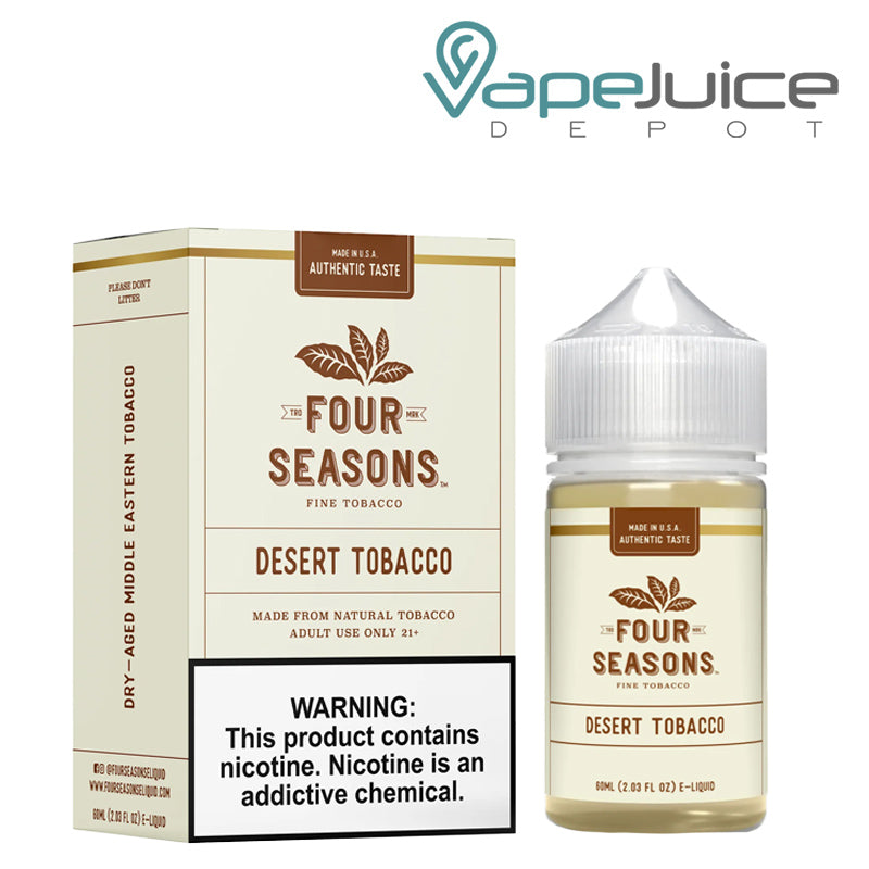 A box of Desert Tobacco Four Seasons with a warning sign and a 60ml bottle next to it - Vape Juice Depot