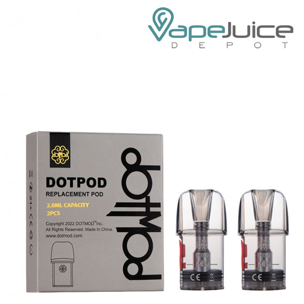 A box of Dotmod DotPod Nano Replacement Pods and two pods next to it - Vape Juice Depot