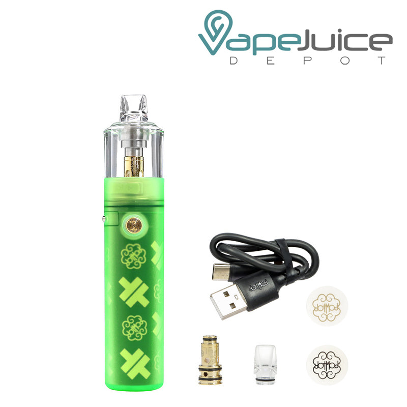 Green Dotmod DotStick Revo 35W Kit and DotCoil, Drip tip, USB-C cable and Dotmod stickers next to it - Vape Juice Depot
