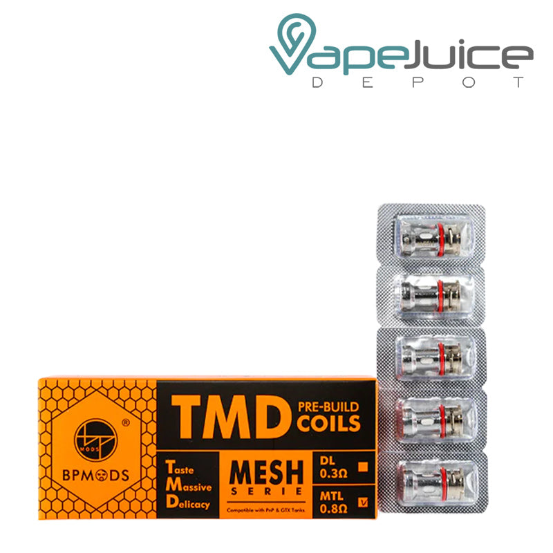 A box of Dovpo BP Mods TMD Replacement Coils and 5-pack next to it - Vape Juice Depot