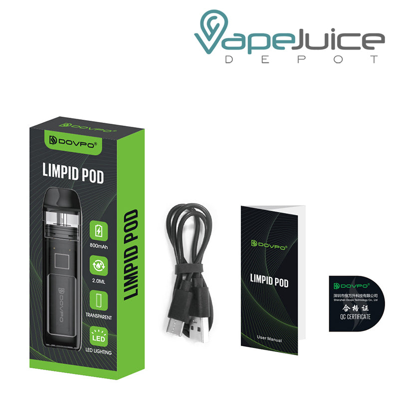 A Box of Dovpo Limpid Pod Kit, USB cable, user manual and certificate next to it - Vape Juice Depot