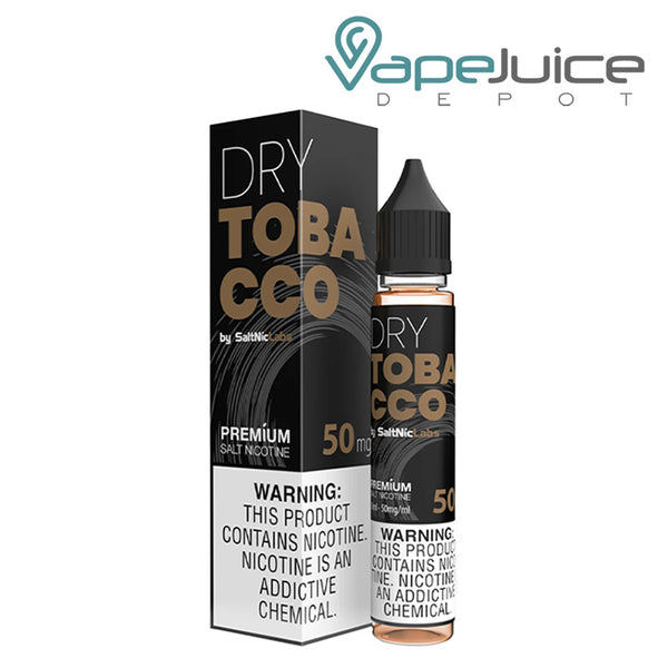 A box of Dry Tobacco VGOD SaltNic with a warning sign and a 30ml bottle next to it - Vape Juice Depot