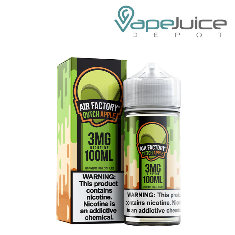 A box of Dutch Apple Pie Air Factory Synthetic eLiquid 3mg with a warning sign and a 100ml bottle next to it - Vape Juice Depot