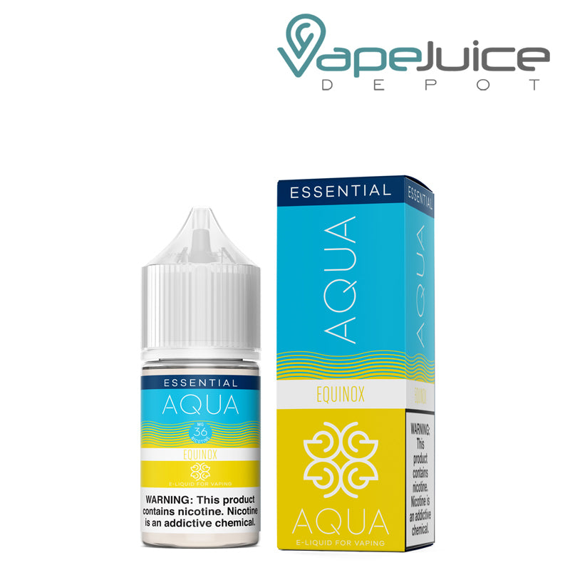 A 30ml bottle of EQUINOX AQUA Synthetic Salts eLiquid 36mg with a warning sign and a box next to it - Vape Juice Depot