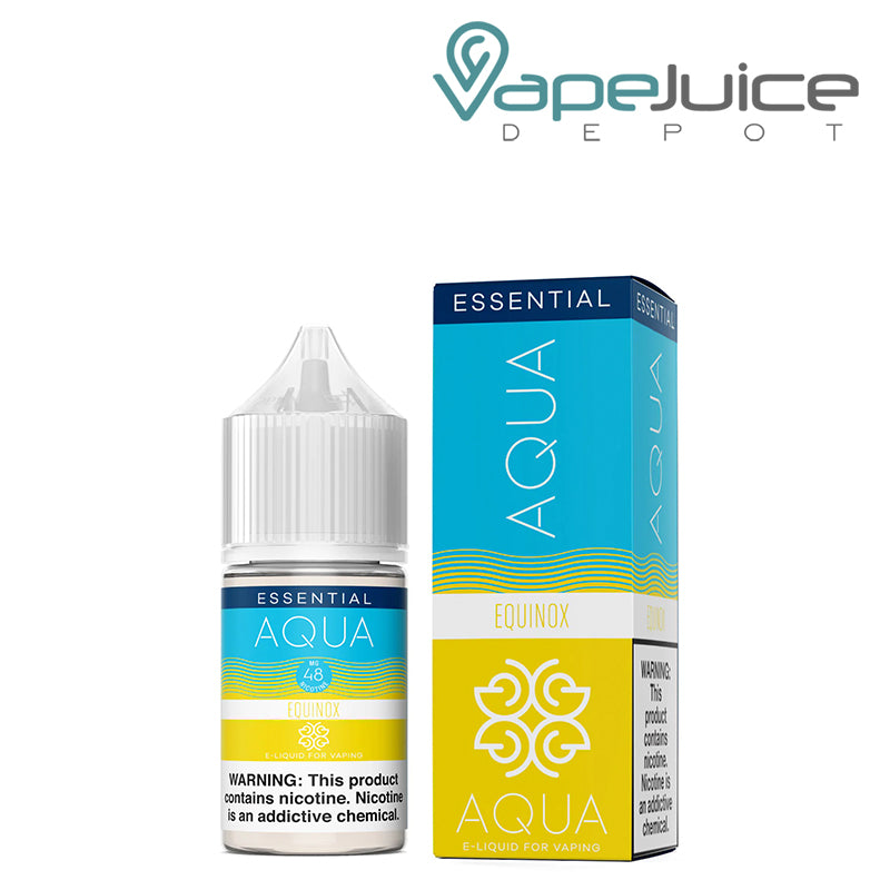 A 30ml bottle of EQUINOX AQUA Synthetic Salts eLiquid 48mg with a warning sign and a box next to it - Vape Juice Depot