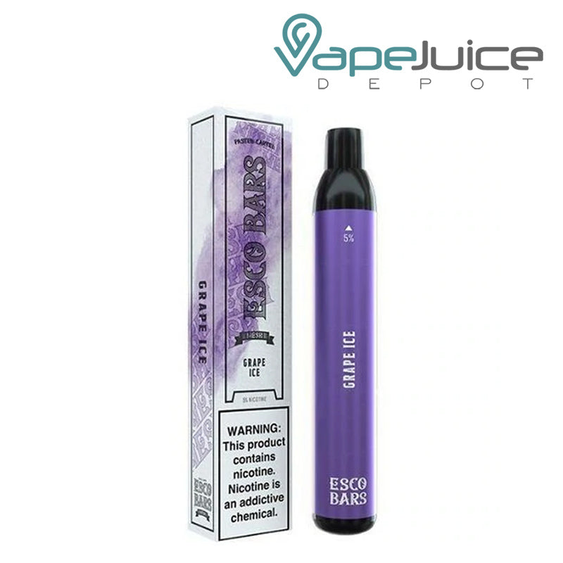 A box of Grape Ice ESCO Bars Mesh 2500 Disposable with a warning sign and a disposable next to it - Vape Juice Depot