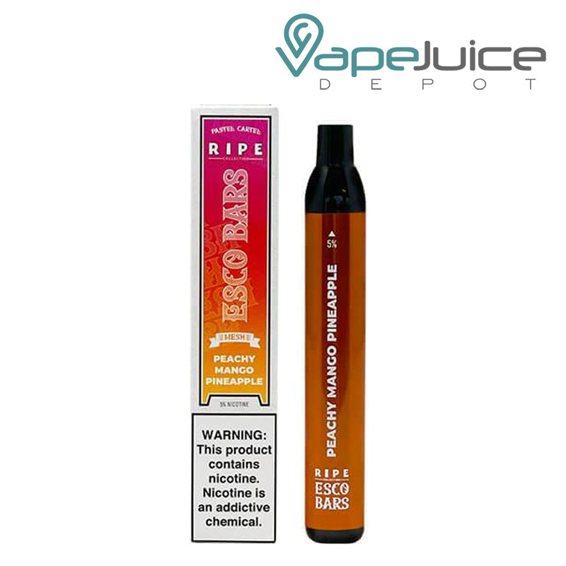 A box of Peachy Mango Pineapple ESCO Bars Mesh 2500 Disposable with a warning sign and a disposable next to it - Vape Juice Depot