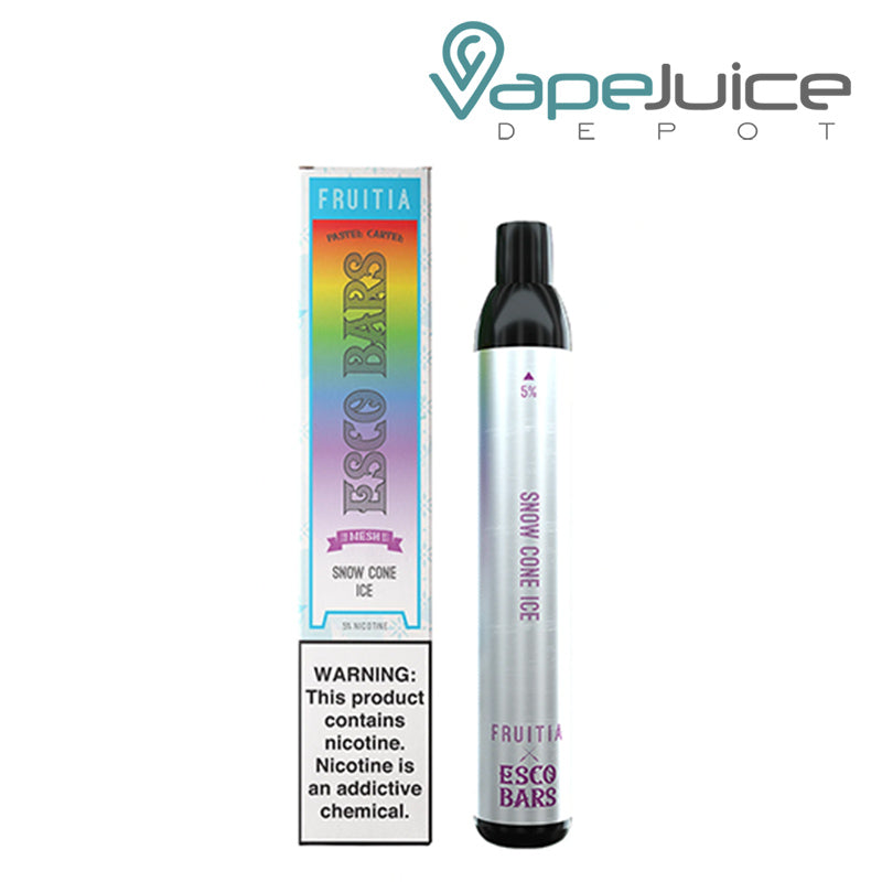 A box of Snow Cone Ice ESCO Bars Mesh 2500 Disposable with a warning sign and a disposable next to it - Vape Juice Depot