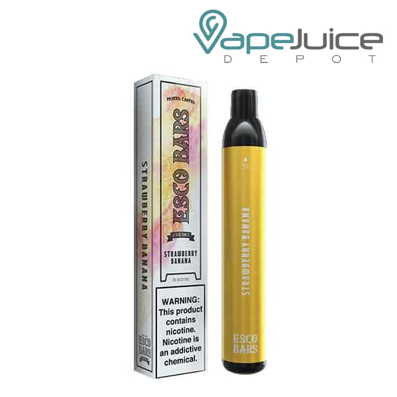A box of Strawberry Banana ESCO Bars Mesh 2500 Disposable with a warning sign and a disposable next to it - Vape Juice Depot
