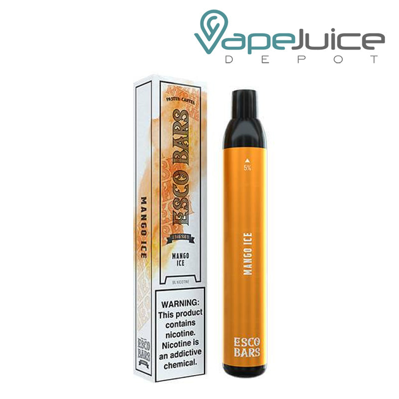 A box of Mango Ice ESCO Bars Mesh 2500 Disposable with a warning sign and a disposable next to it - Vape Juice Depot