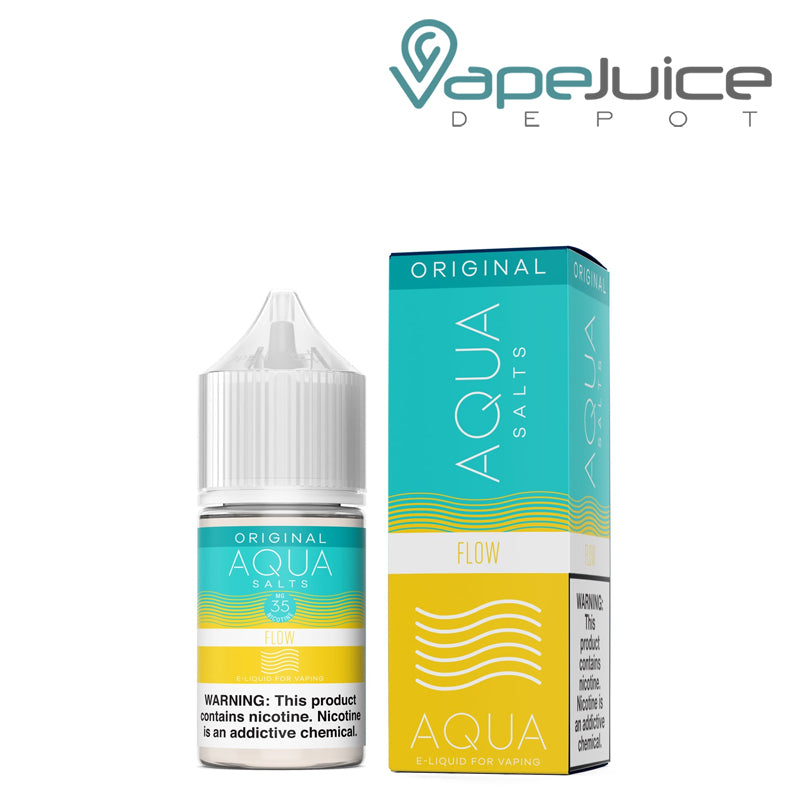 A 30ml bottle of FLOW AQUA Synthetic Salts 35mg with a warning sign and a box next to it - Vape Juice Depot