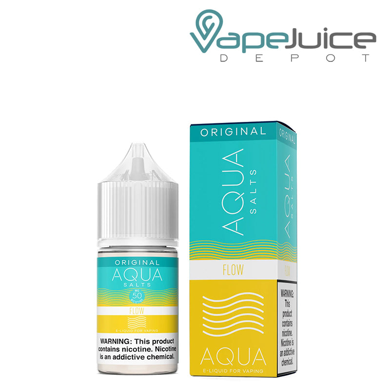 A 30ml bottle of FLOW AQUA Synthetic Salts 50mg with a warning sign and a box next to it - Vape Juice Depot